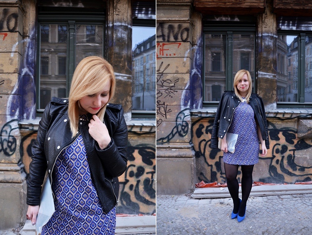 Rhombus-Dress-Outfit-Leather-Jacket-Blue-Pumps (2)