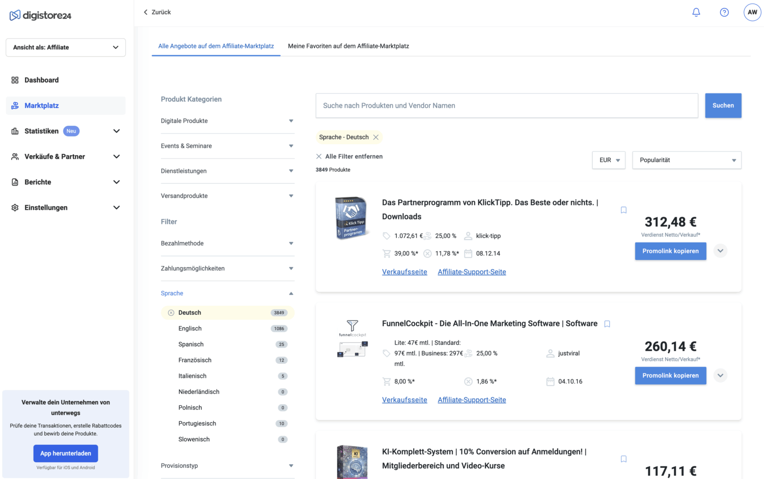 digistore Marktplatz für Affiliates