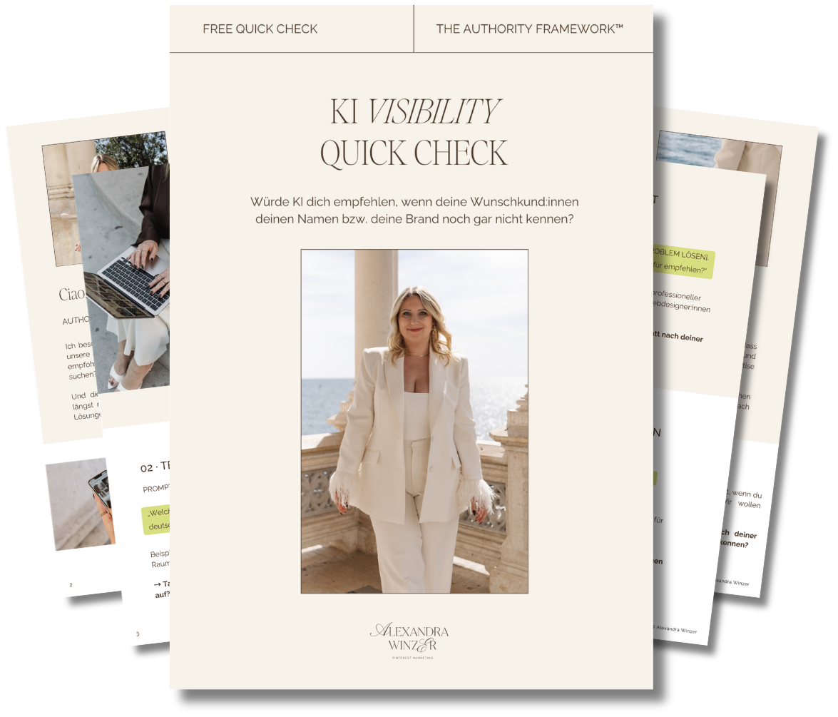 Mockup des KI Visibility Quick Check PDFs von Alexandra Winzer, gefächerte Seitenansicht mit Cover, Prompts und About-Seite