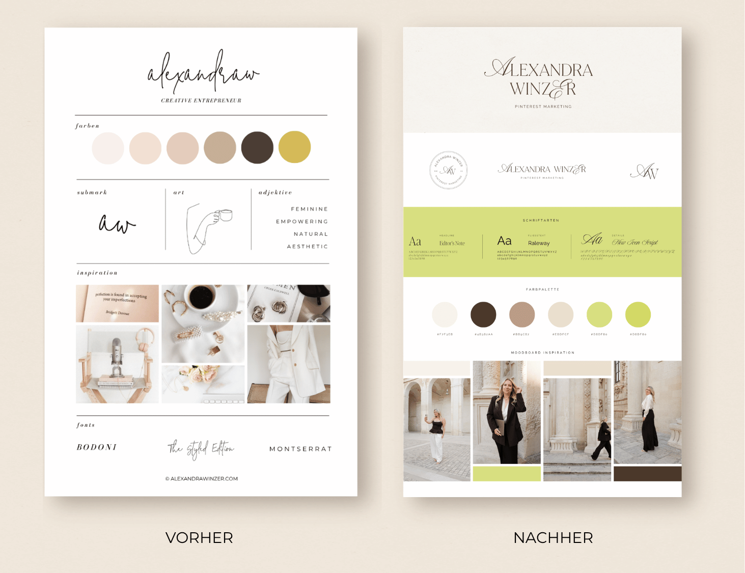 Vorher Nachher Vergleich des Brand Designs von Alexandra Winzer mit altem und neuem Branding