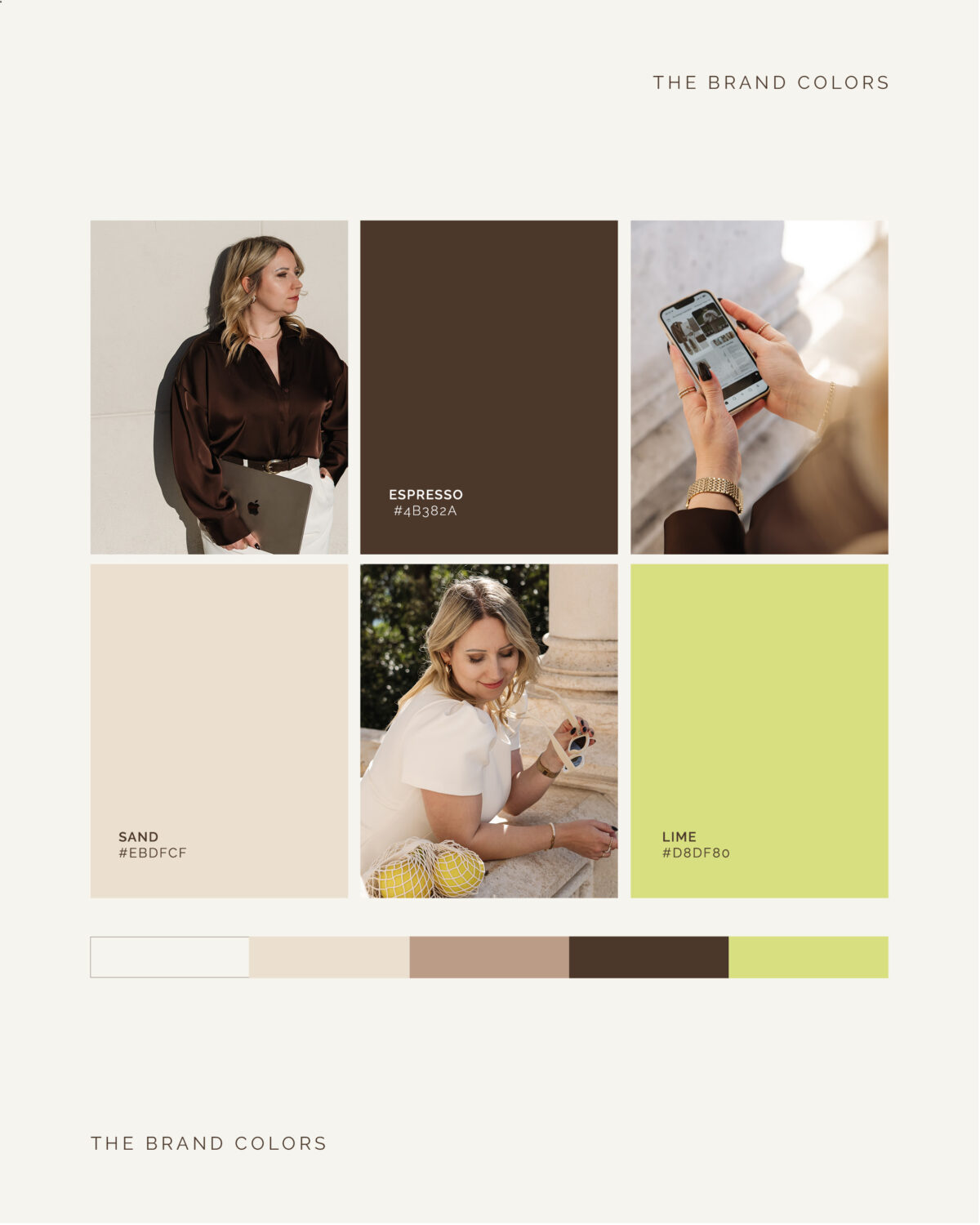 Brand Design Farbpalette von Alexandra Winzer mit Espresso, Sand und Lime
