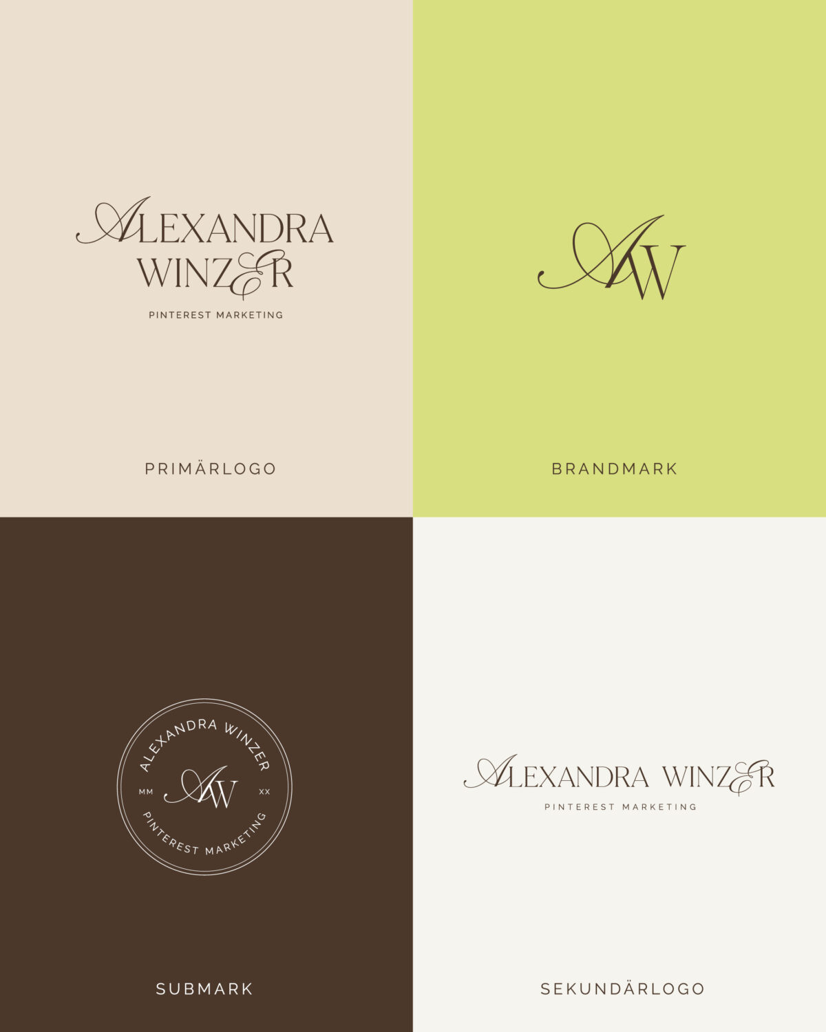 Logo Suite des Rebrandings von Alexandra Winzer mit Primärlogo, Sekundärlogo, Brandmark und Submark