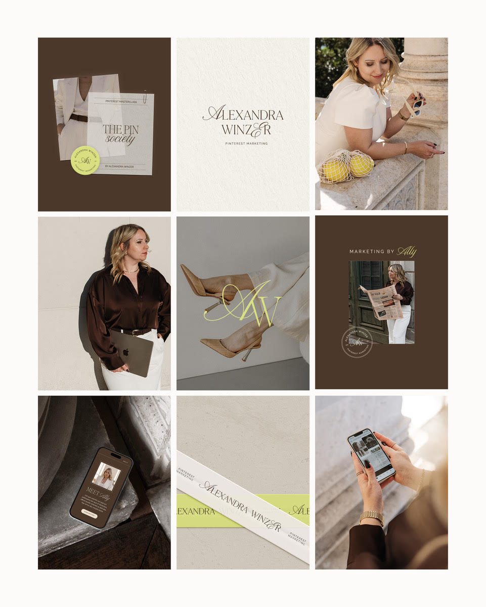 Brand Design von Alexandra Winzer mit Logo, Farben, Brand Fotos und visuellen Anwendungen