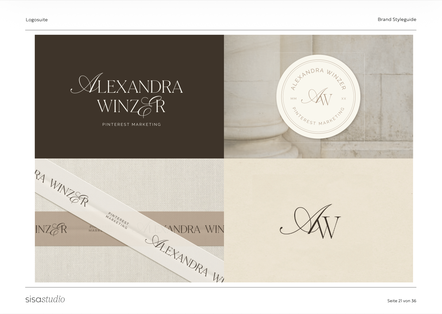 Auszug aus dem Brand Styleguide von Alexandra Winzer mit verschiedenen Logo Varianten von Sisa Studio